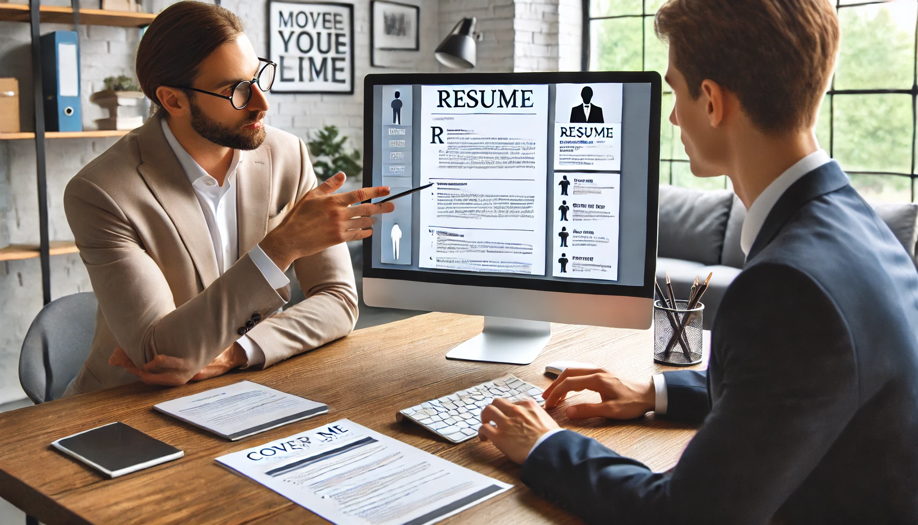 In this image, a career advisor and a client are reviewing a structured resume and cover letter on a computer screen. The advisor points to key sections, offering personalized guidance in a bright, organized office environment.