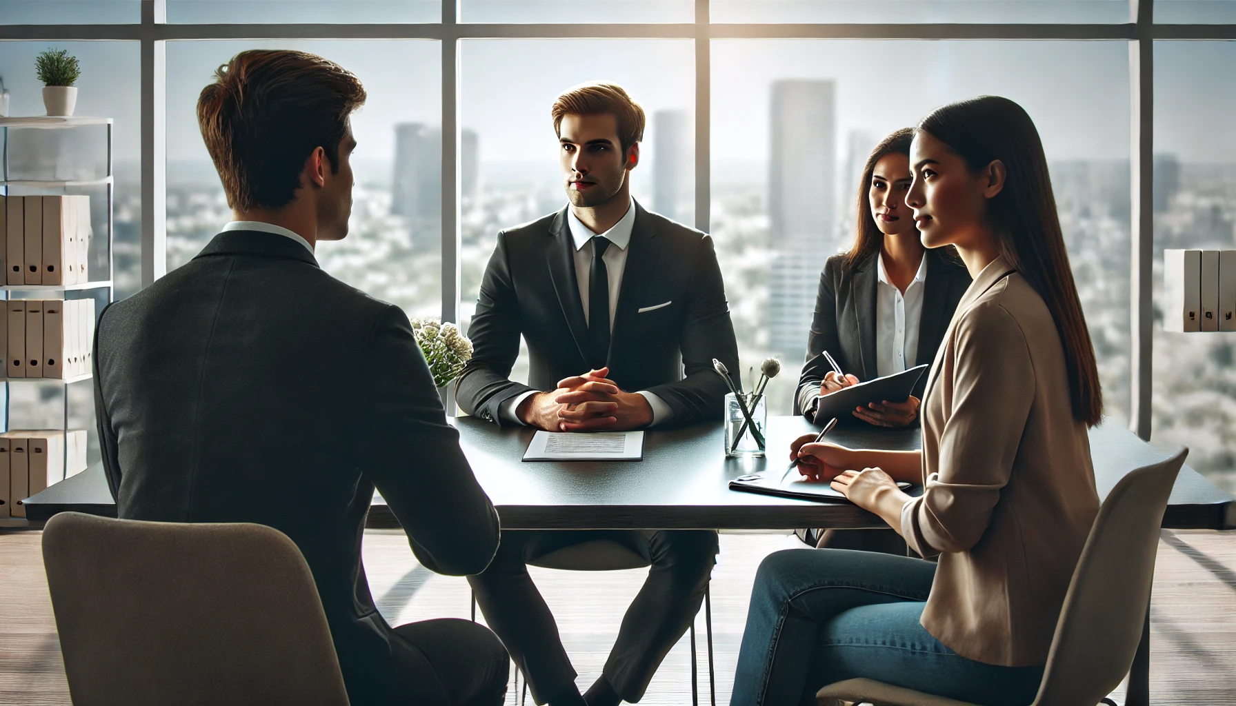 This image features a formal job interview setup with a candidate answering questions confidently across from two recruiters. The recruiters are taking notes in a well-lit room with a cityscape view, creating a professional and positive interview atmosphere.