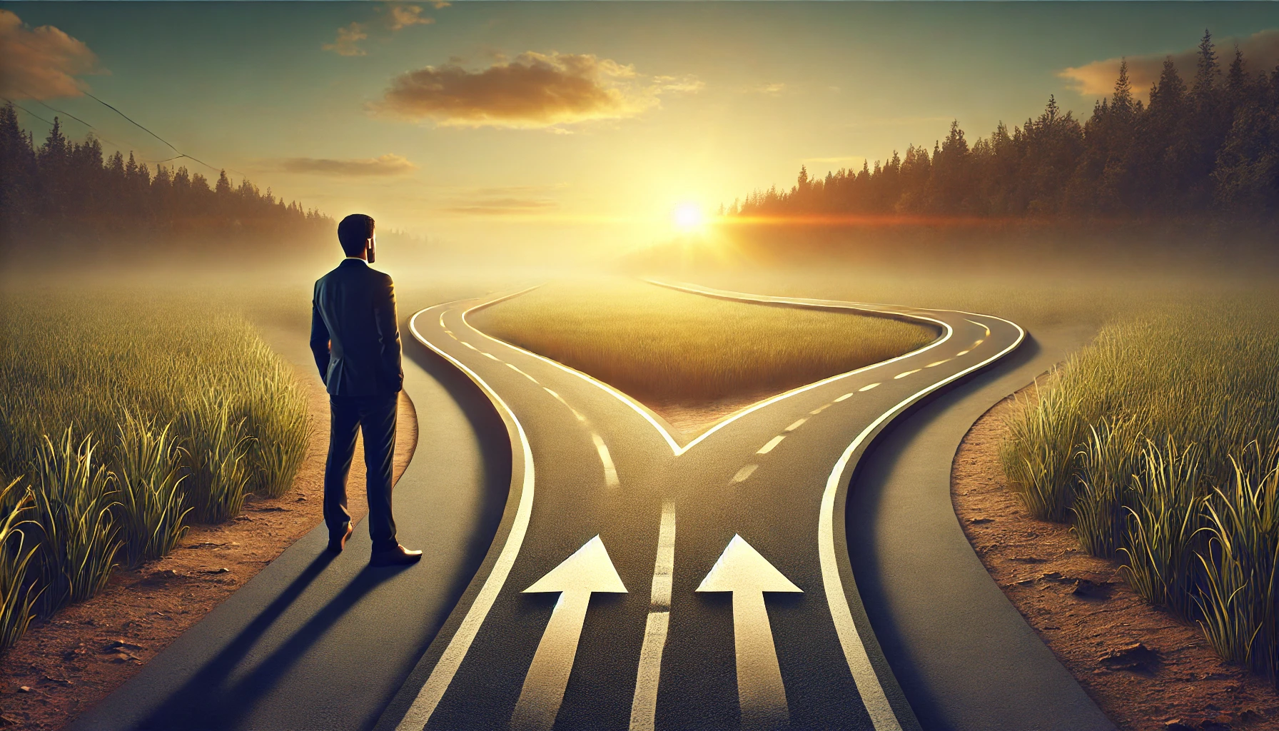  This image depicts a person standing at a crossroads, symbolizing a critical decision point in their career. Two paths diverge ahead: one is smooth and straight, representing stability and familiarity, while the other is winding and dynamic, suggesting new opportunities and challenges. The individual appears thoughtful, reflecting on their options. The background features a bright sun, symbolizing hope and possibilities for the future, set against a calm, natural landscape with trees, indicating a peaceful moment of contemplation and new beginnings. The image conveys a sense of optimism and the importance of making thoughtful career choices.