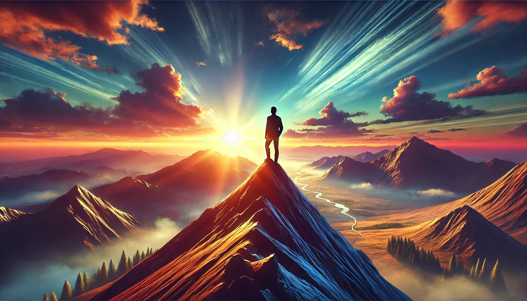 This image shows a person standing triumphantly on a mountaintop, looking out over a vast horizon at sunrise. The vibrant colors in the sky symbolize new opportunities and a hopeful future, while the mountain represents the challenges they’ve overcome. The expansive view below them reflects the wide range of possibilities that lie ahead, and the sunrise symbolizes a fresh start full of promise and growth.