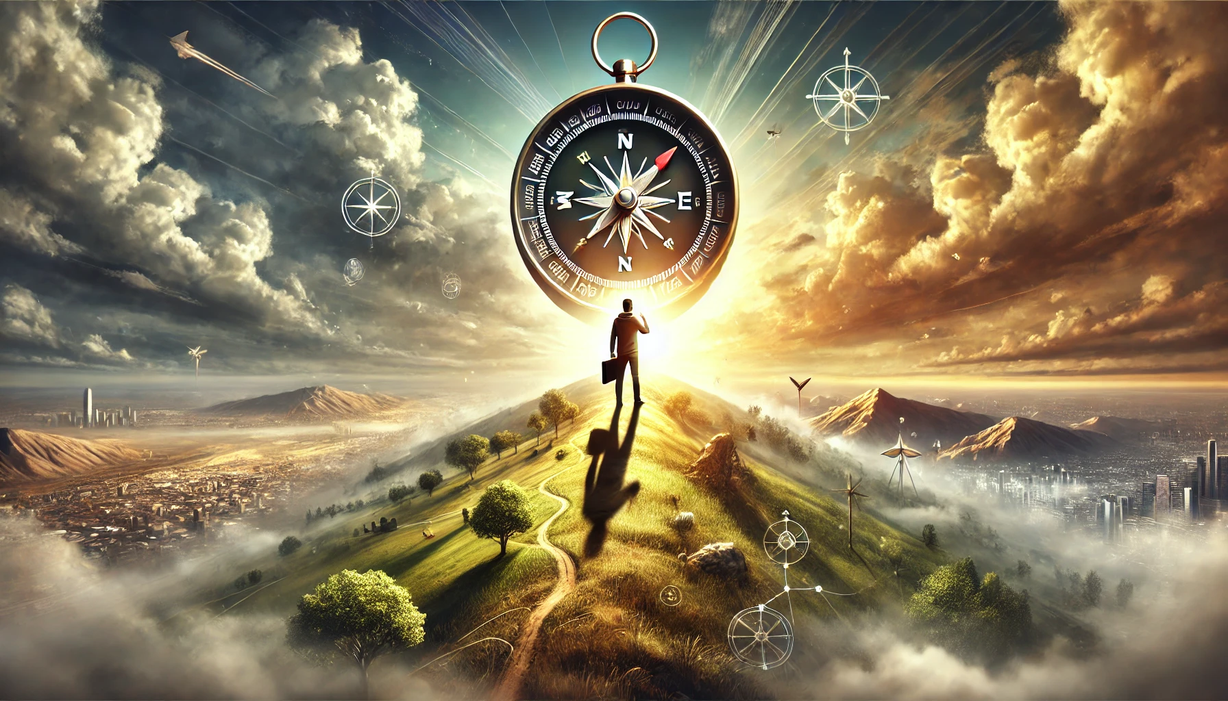 This image shows a person standing on a hilltop, holding a compass to navigate their career choices. The landscape below features both clear and shadowed paths, symbolizing the mix of opportunities and uncertainties in life. The person appears focused and determined, using the compass to choose a direction. The sky above is partly cloudy with sunlight breaking through, representing both challenges and hope.