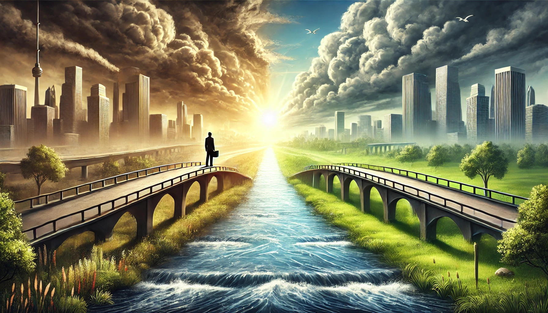 In this image, a person stands on a bridge that connects two different landscapes, representing a transition between career stages. One side of the bridge, symbolizing the past, is clouded and darker, while the other side, symbolizing the future, is bathed in bright sunlight and lush green fields. The flowing river beneath the bridge reflects the steady progression of time and personal growth, while the person gazes forward, ready for what’s to come.