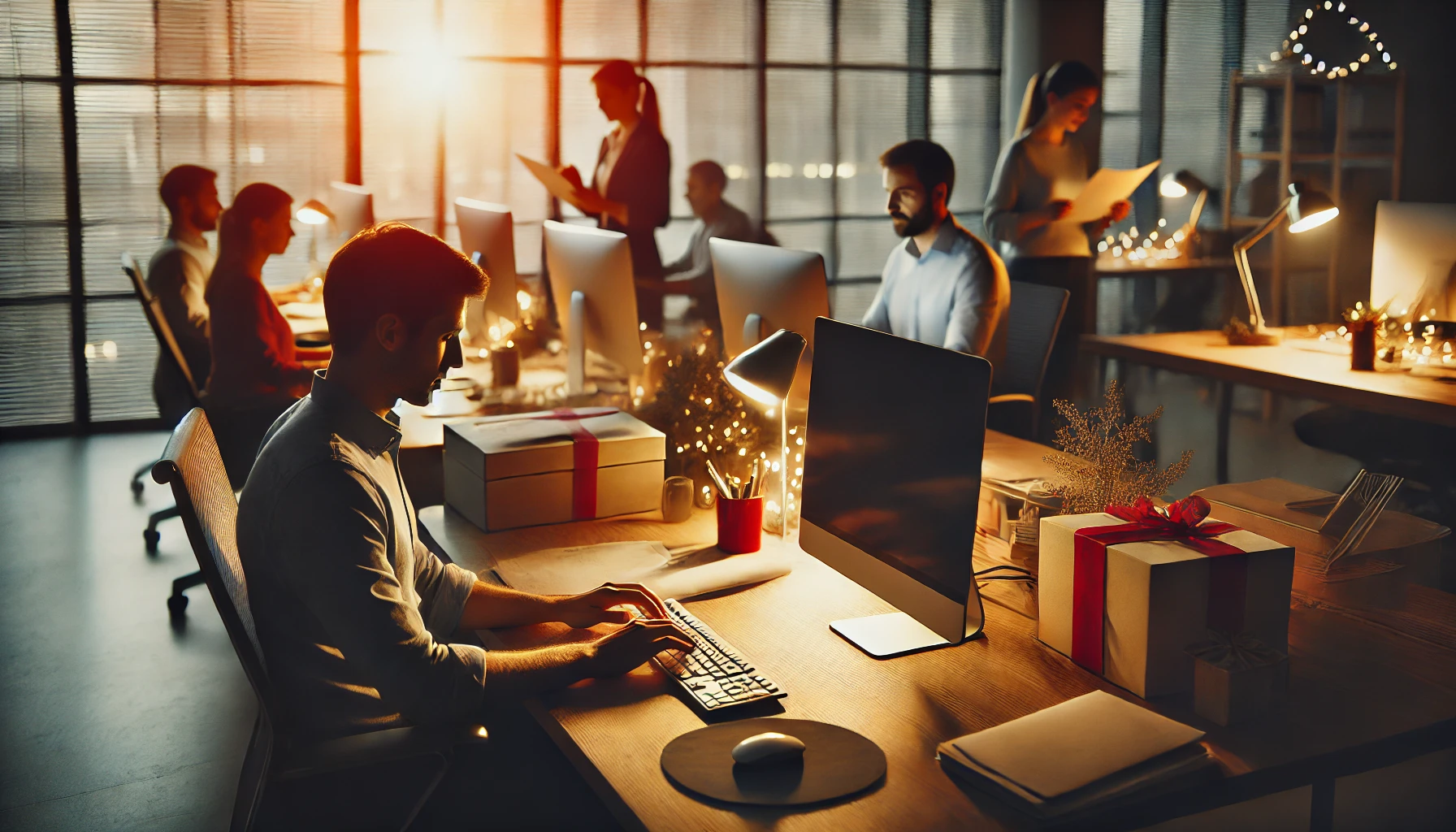 End-of-year office scene: A relaxed office setting where employees are wrapping up their work at the end of the year, with light holiday decorations and a cozy atmosphere.