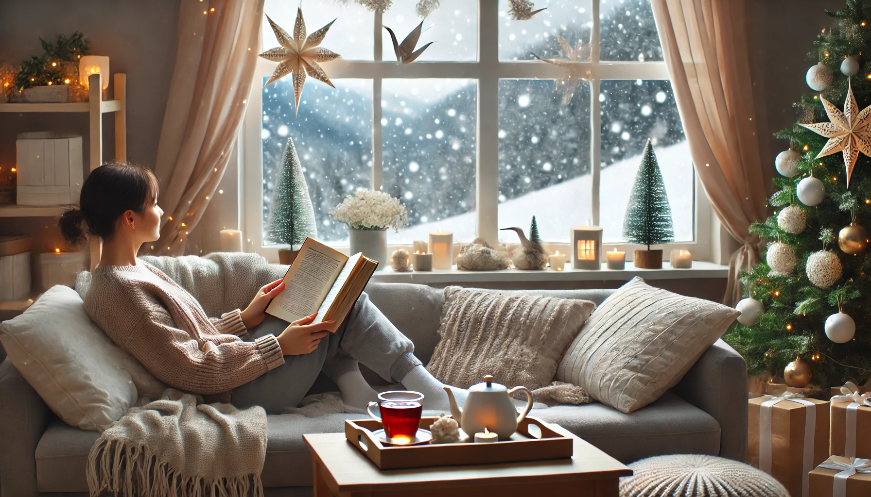 Relaxing during the holidays: A cozy living room scene with a person relaxing, reading a book, and enjoying the peaceful holiday atmosphere with a snowy view outside and New Year's decorations inside. 