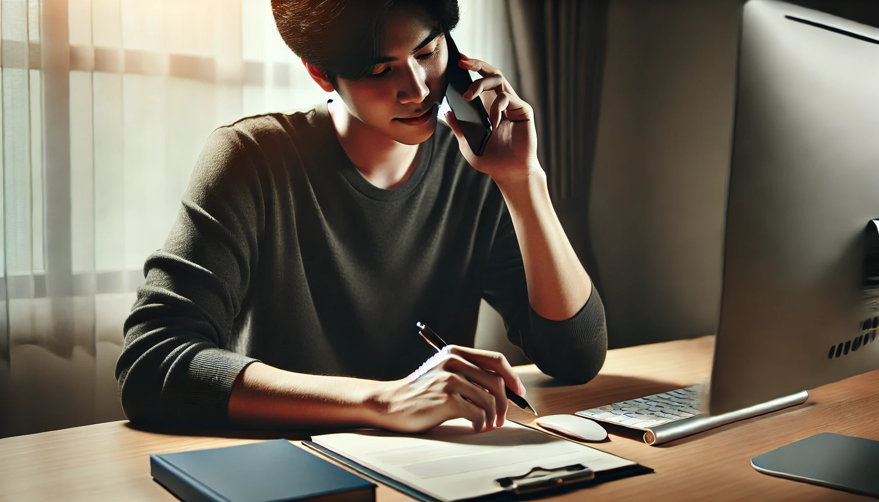 Here is an image depicting a person politely making a phone call to decline a job offer in a professional office setting. The individual maintains a calm and respectful expression while speaking, with an organized desk including a computer, notepad, and pen, emphasizing the formal and serious nature of the conversation.