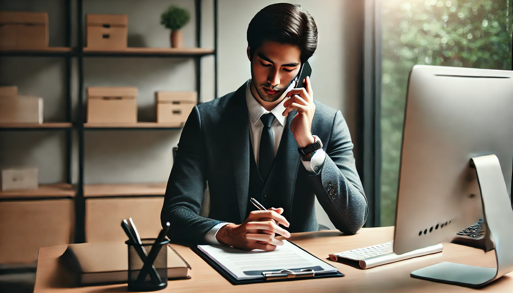 Here is an image of a person respectfully making a phone call to decline a job offer in a professional office environment. The individual sits calmly at a desk, holding a phone, with a computer, notepad, and pen neatly arranged, conveying a sense of professionalism and sincerity during the conversation. The soft lighting creates a formal and thoughtful atmosphere.