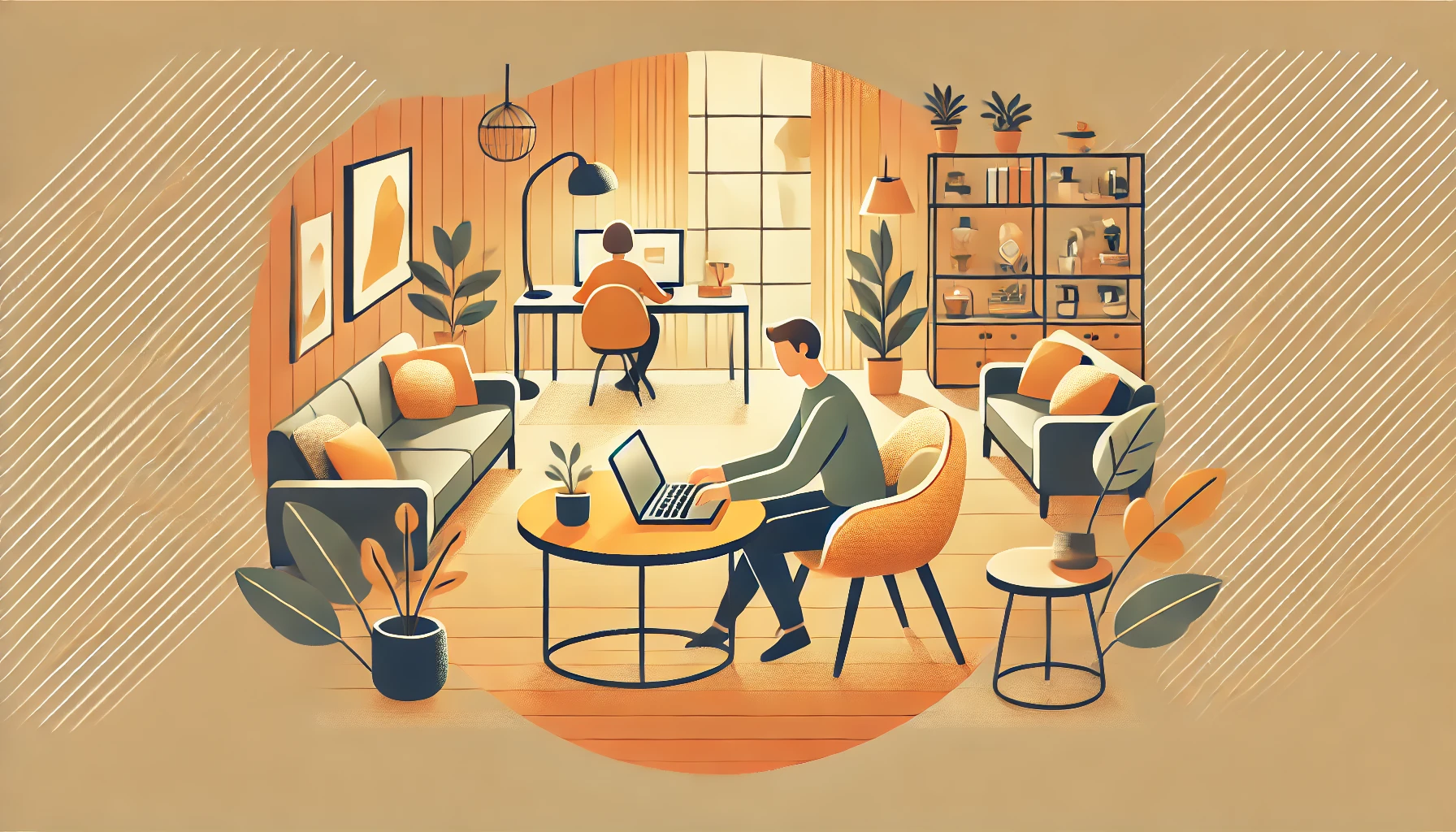 Remote Work Flexibility: A comfortable, stylish room with a person working on a laptop, emphasizing the freedom and flexibility of remote work. Warm lighting and plants make it an ideal environment for independent work. 