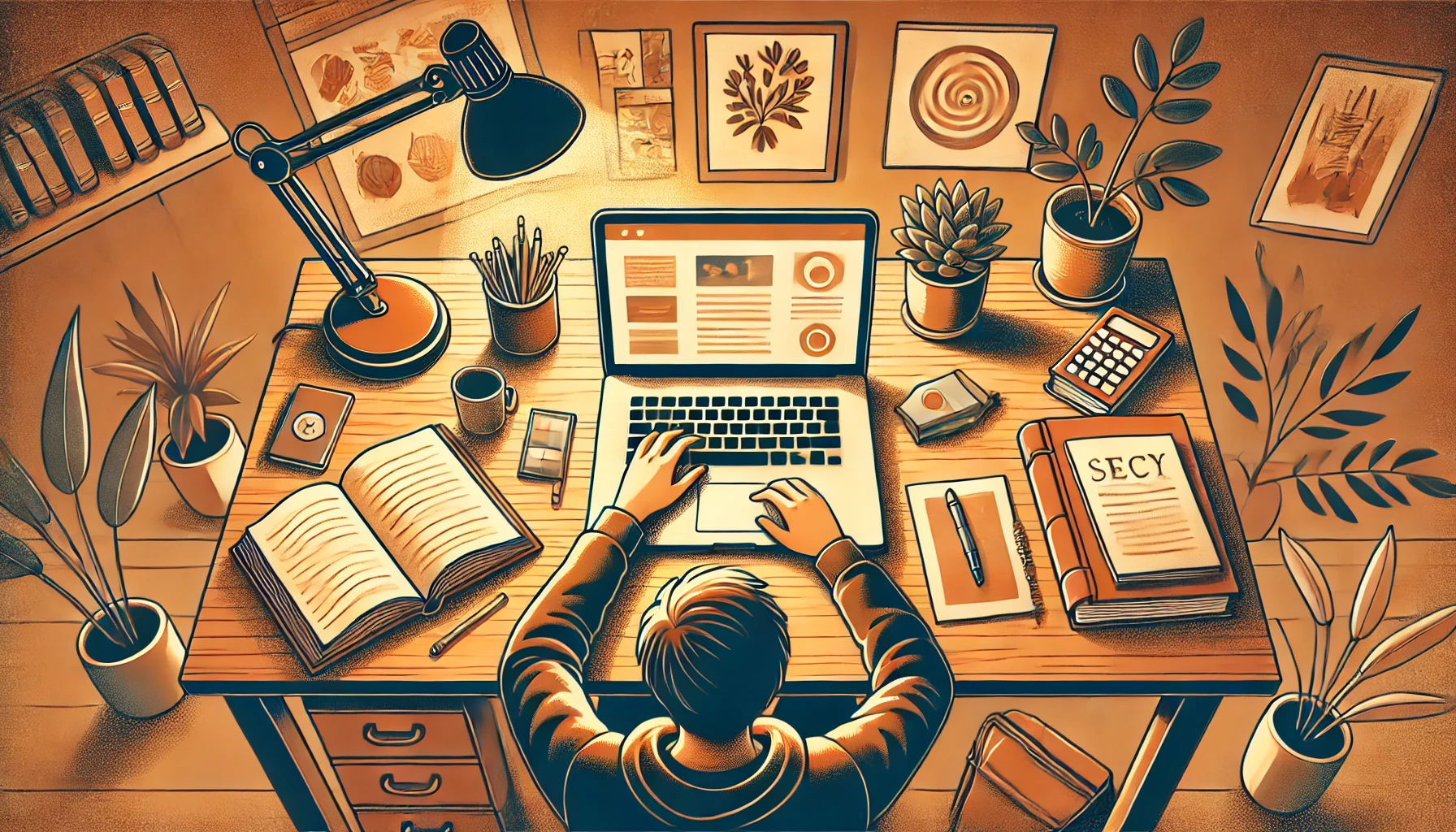 Cozy Learning Space: This illustration shows a person studying on a laptop at a warmly lit desk surrounded by books, notes, and plants. The atmosphere is relaxed, fostering a focused and inviting learning environment.