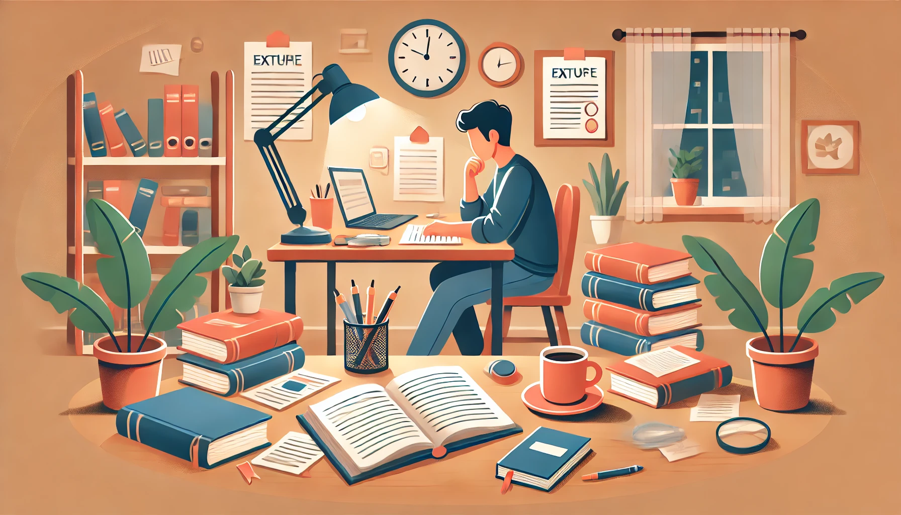 Exam Preparation: This illustration captures a cozy, dedicated study area for professional exam preparation, complete with books, notes, coffee, and soft lighting, conveying commitment and focus.