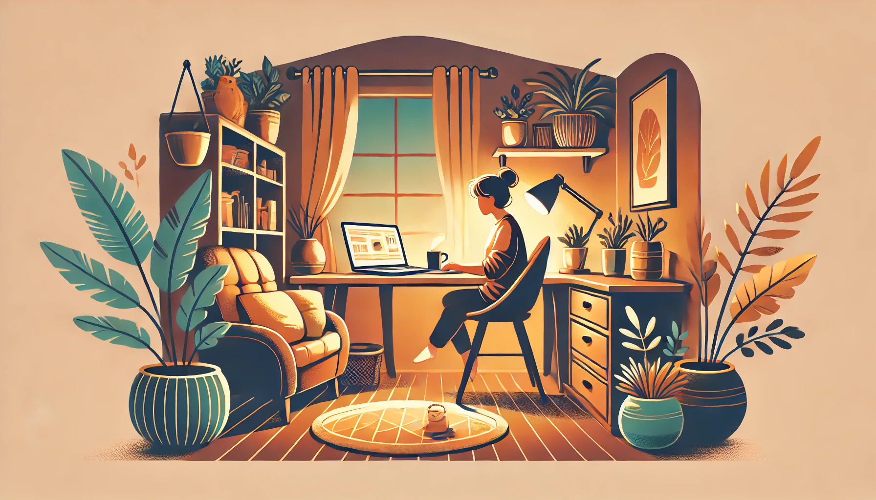 Cozy Learning Space: This illustration shows a person studying on a laptop at a warmly lit desk surrounded by books, notes, and plants. The atmosphere is relaxed, fostering a focused and inviting learning environment.