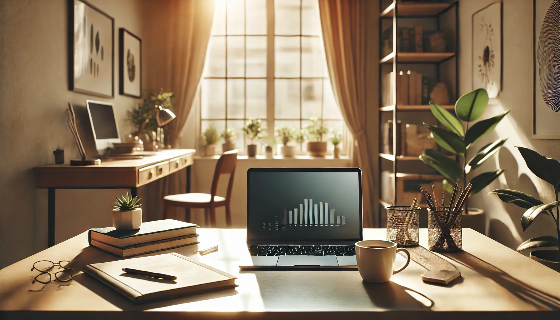 Self-Reflection and Growth: The first image shows a serene and minimalist workspace with a laptop and sunlight pouring through the window, symbolizing calm focus and personal development during a career break.