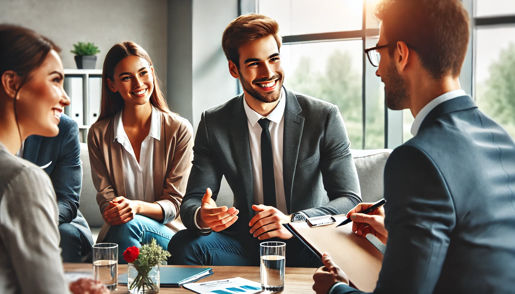 ob Interview Success: The second image captures a professional interview scene in a bright, modern office. The candidate is confident, engaging with the interviewers, representing a successful reconnection with the workforce after a long gap.