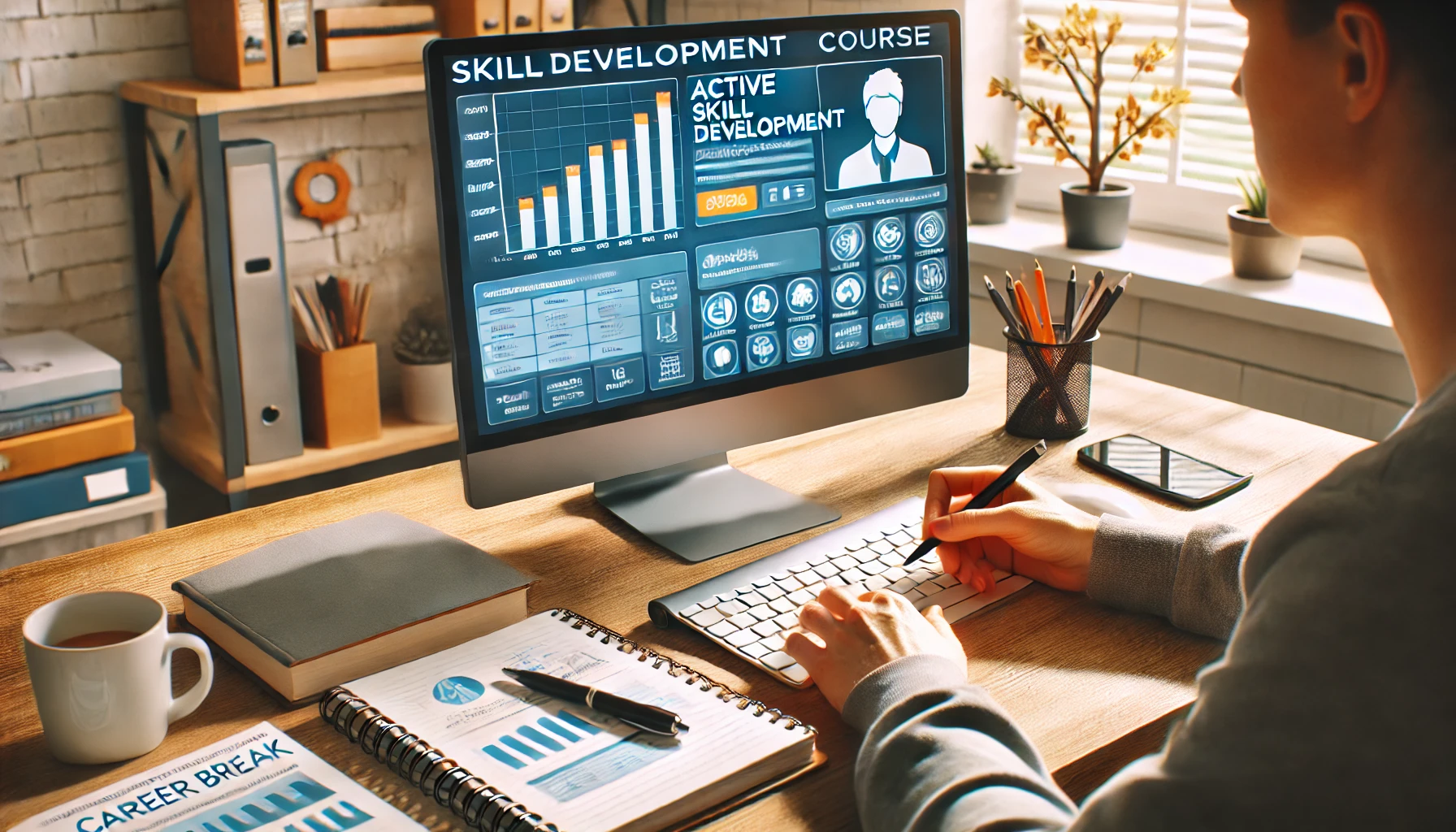 Skill Development During Break: The third image depicts a person taking an online course, with charts and learning materials on the screen, highlighting active learning and skill enhancement during their time away from work.