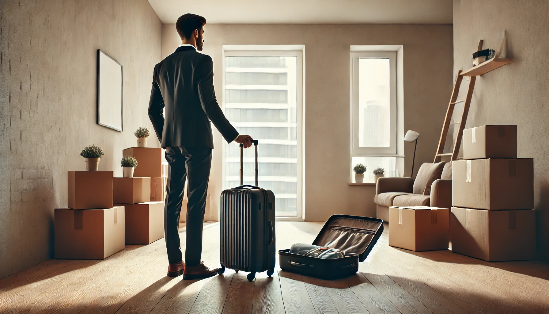 Preparing for a New Life: A young professional packing luggage in a small apartment, getting ready to move to a new city for a job. The minimalistic room and open suitcase represent the transition and excitement before starting a new chapter in life.