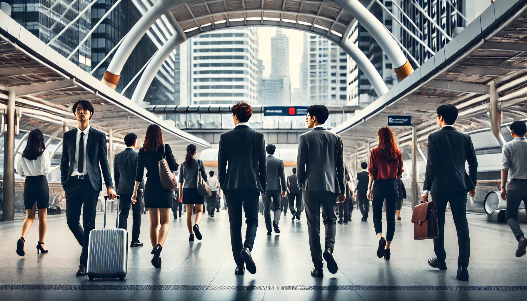 Commuting Rush Hour: A group of young professionals in business attire walking through a crowded train station, carrying briefcases. This image captures the fast-paced, energetic lifestyle of daily commuting in a bustling metropolitan area, reflecting the realities of city life.