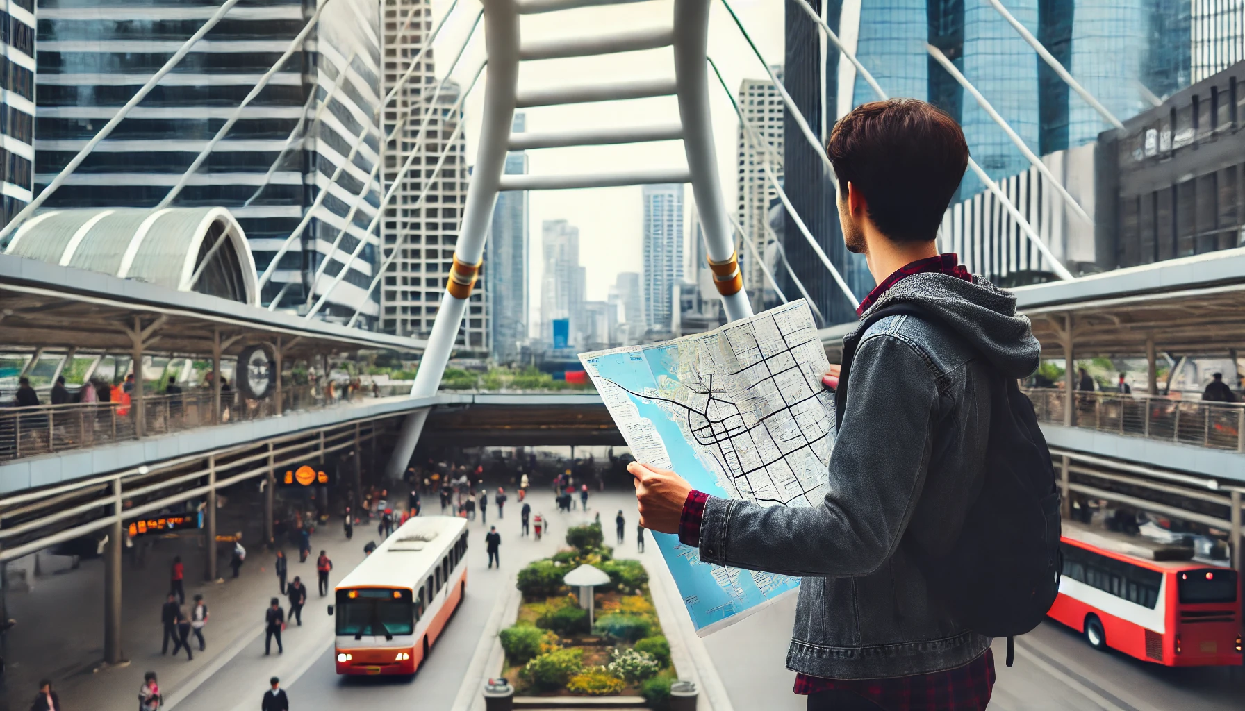 Navigating a New City: A person holding a map, standing in front of a large and busy train station in a bustling city. The individual looks slightly lost but determined, symbolizing the challenges and determination required to adapt to a new environment after moving for a job.