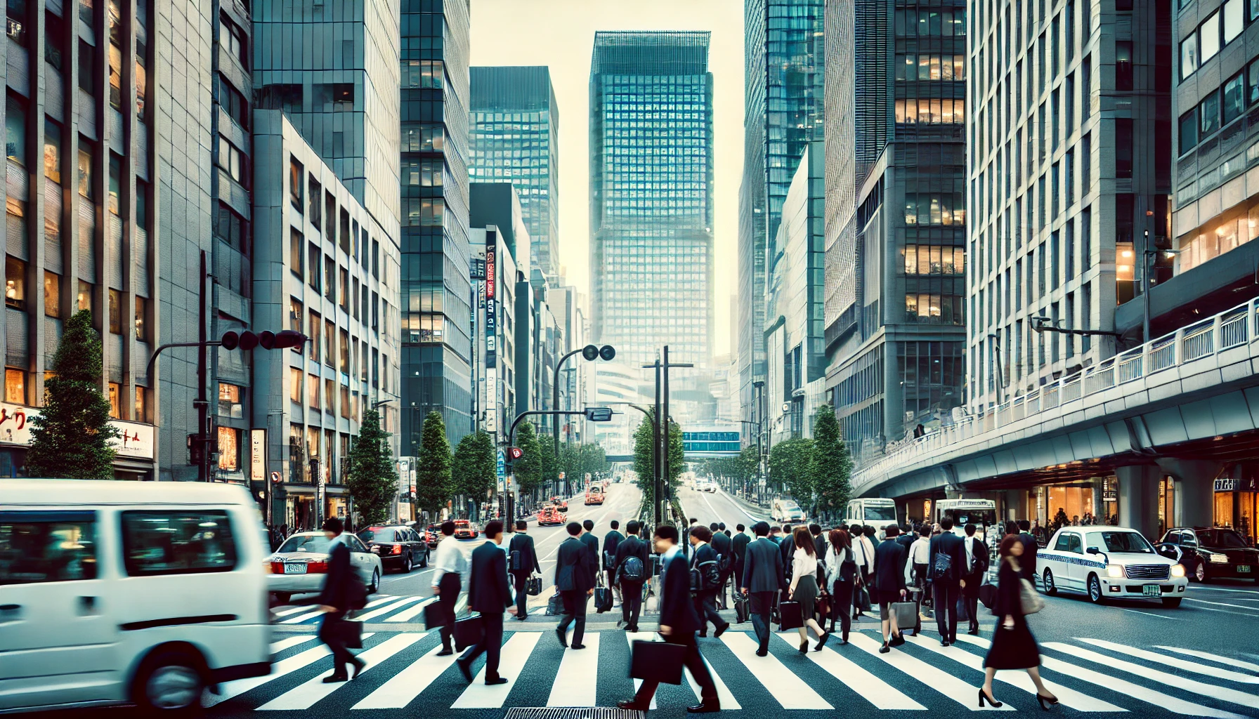 The first image shows a busy urban street in Tokyo during rush hour, filled with commuters in business attire walking through the crowded sidewalks. Tall skyscrapers and office buildings tower overhead, while traffic moves through the street below. The scene reflects the fast-paced and dynamic lifestyle of a major city, highlighting the hustle of professionals navigating through their day-to-day routine. This image captures the essence of working life in a bustling metropolis, emphasizing the energy and challenges that come with living and working in such an environment.