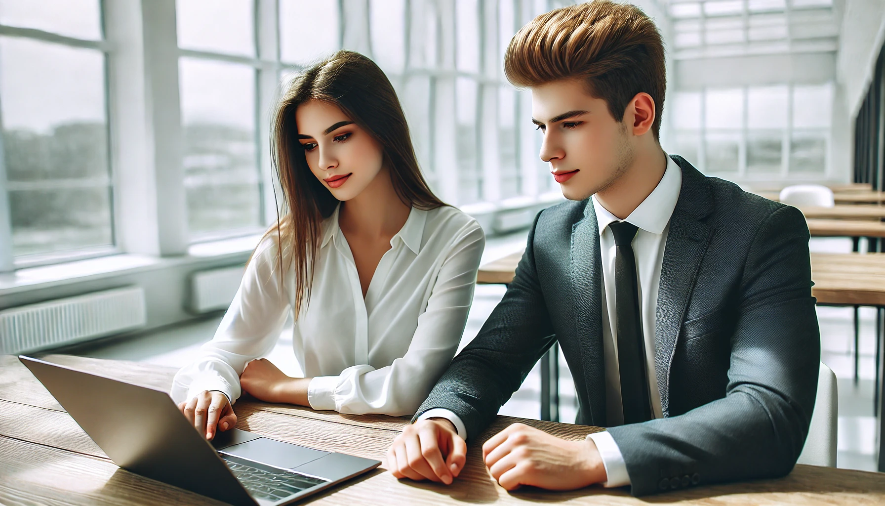 Team Collaboration in the Office: This image shows a young professional man and woman discussing work at their laptops in a bright office space. It captures a moment of teamwork and collaboration, highlighting the communication and shared efforts essential in any professional setting.