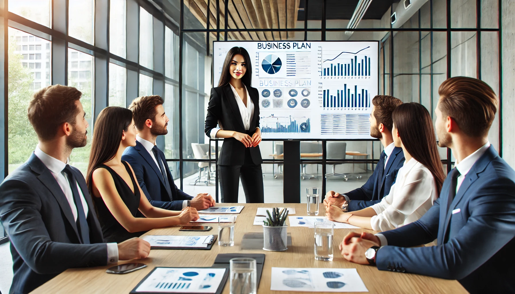 Business Presentation: A confident young professional woman is presenting a business plan to her colleagues using a digital screen with charts and graphs. This image represents the importance of leadership, clear communication, and data-driven discussions in the workplace.