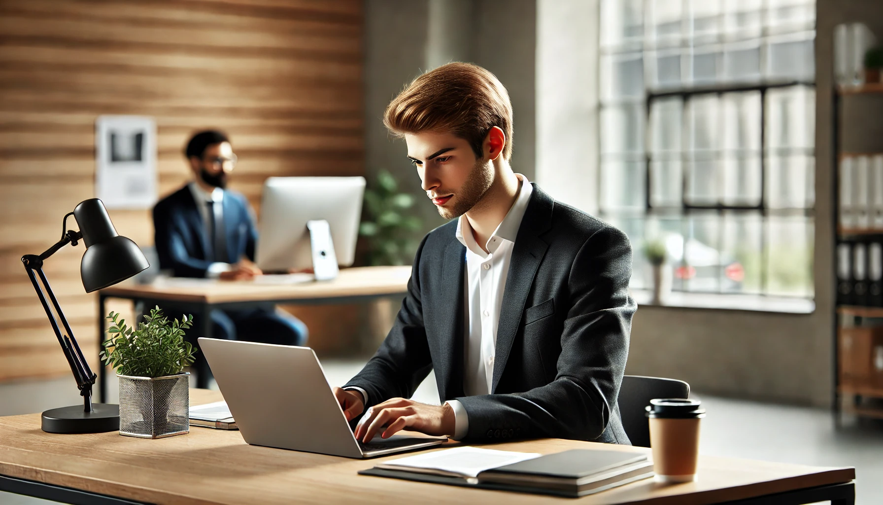 Focused Work in a Modern Office: A young professional man is working diligently at his desk, illustrating focus and productivity in a modern office environment. The clean workspace and natural light promote a calm and effective work atmosphere.