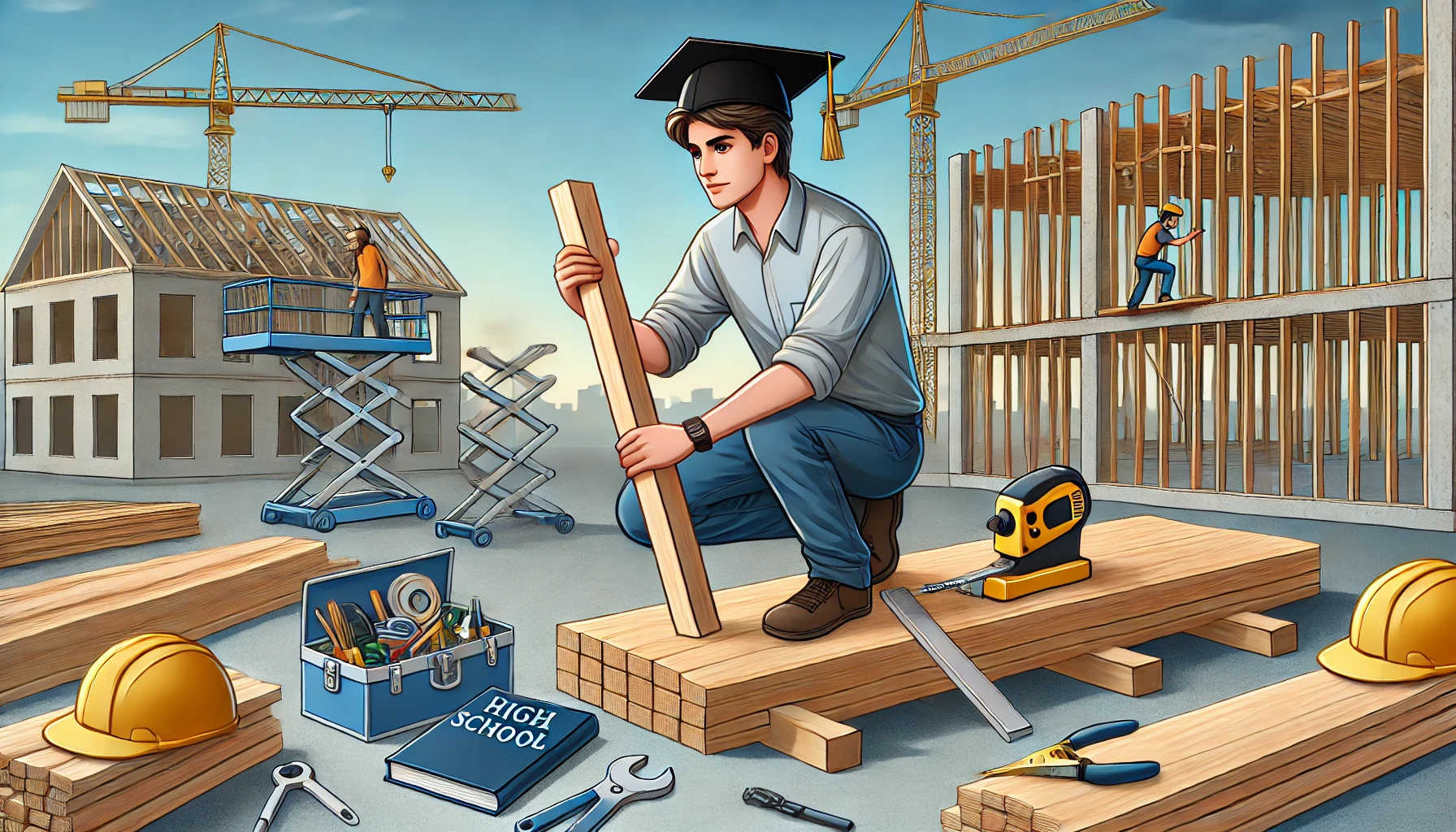 Construction Worker (Skilled Carpenter) A high school graduate working as a skilled carpenter on a construction site. This image symbolizes success in the trades, where hands-on experience and craftsmanship can lead to a fulfilling and lucrative career in construction or as a craftsperson. 