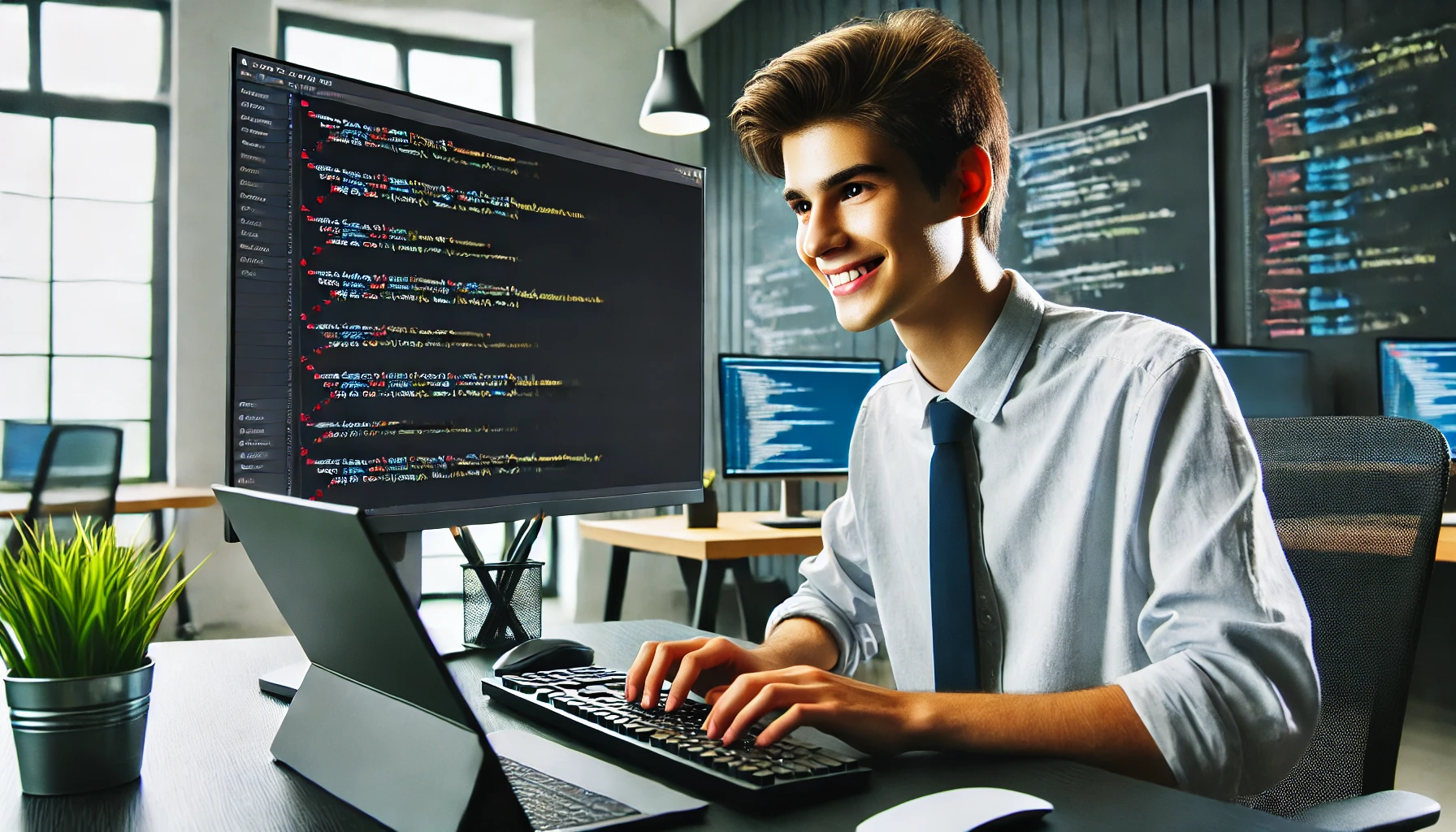 IT Professional (Software Engineer) This image depicts a young high school graduate working as an IT professional in a modern office. He is coding with confidence, representing how technical skills can lead to a successful career in software development or IT, regardless of academic background.