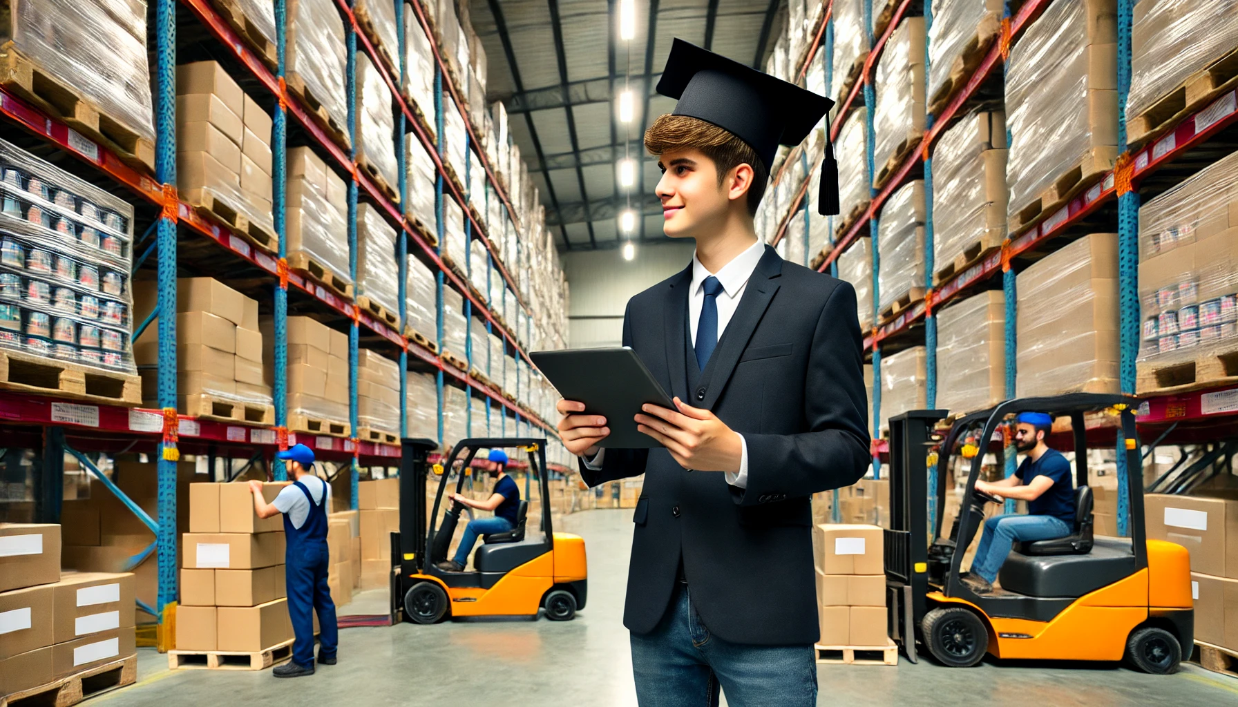 Logistics Manager In this image, a young logistics manager oversees warehouse operations. Holding a tablet, the graduate represents someone who has climbed the ranks in the logistics industry, highlighting how leadership roles are attainable without a college degree.