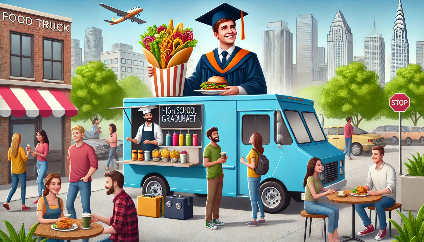 Food Truck Entrepreneur A young entrepreneur running a vibrant food truck in a busy city. This scene reflects how a high school graduate can succeed in the food industry by owning a food truck, showcasing the potential of creative business ideas.